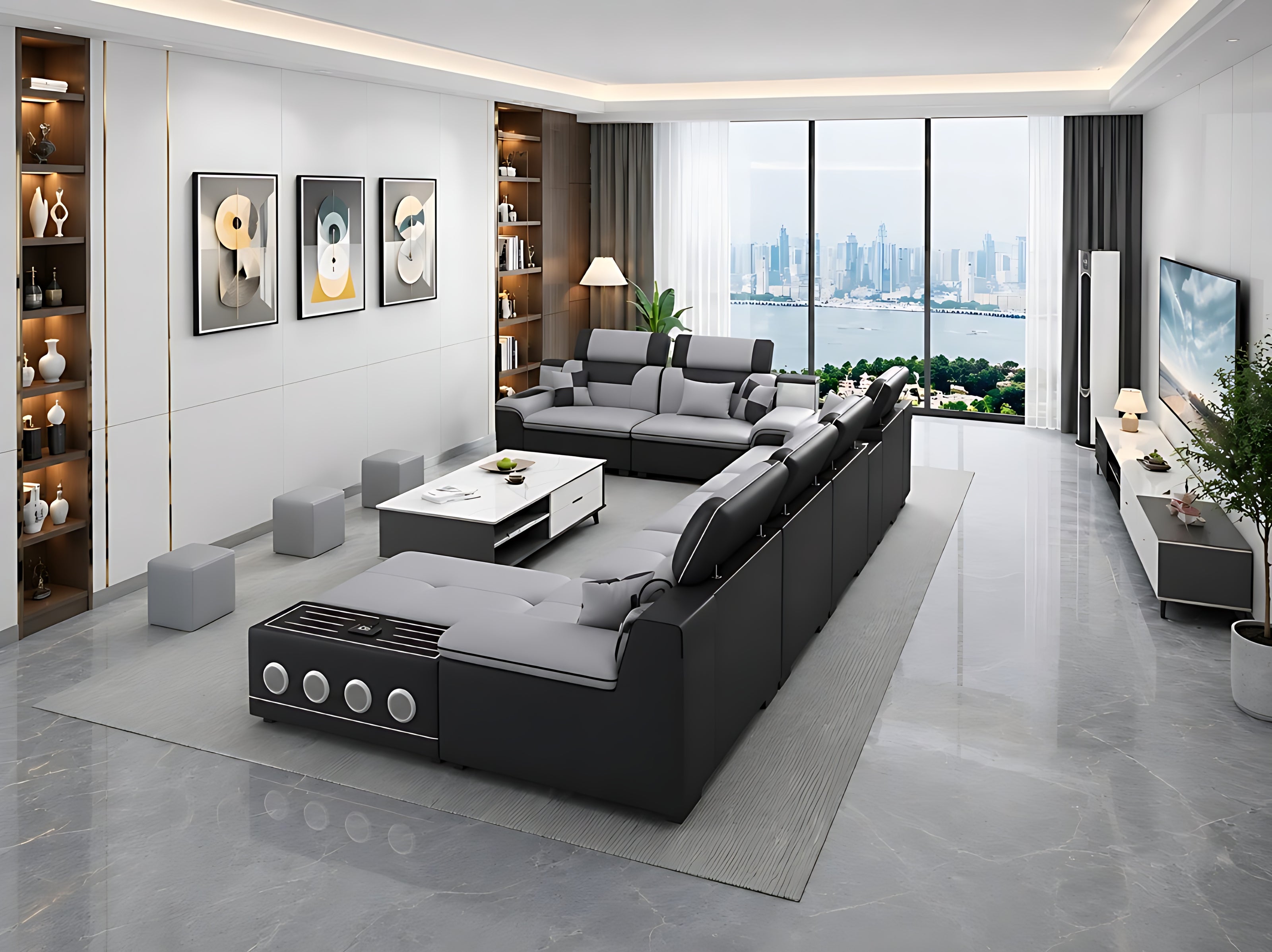 Multifunctional U-Shaped Leather Sectional Sofa