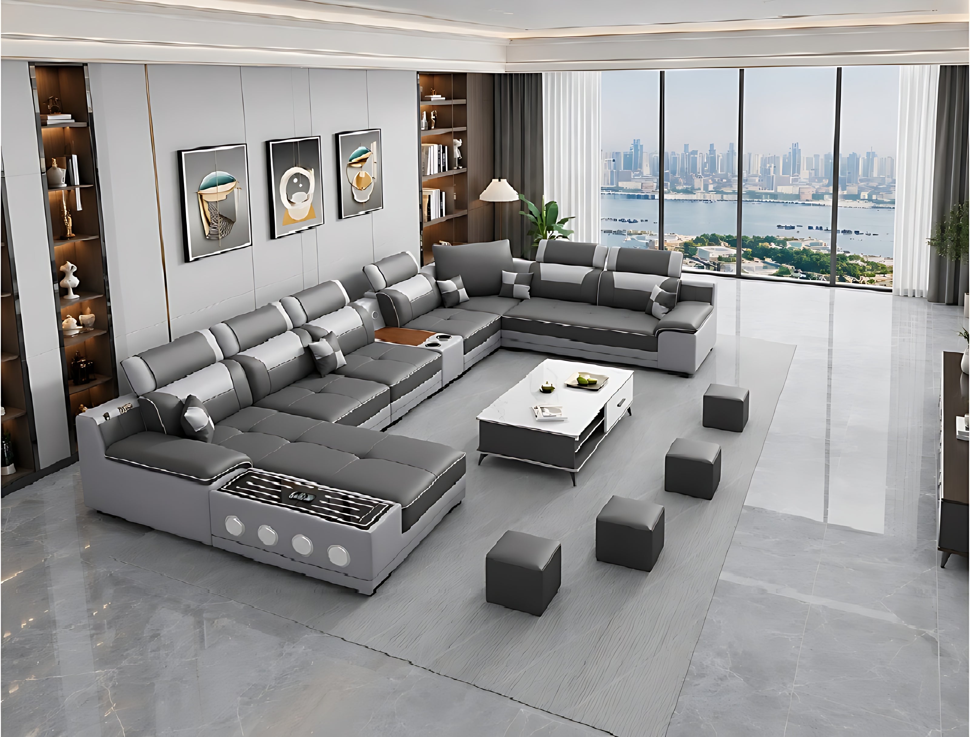 Multifunctional U-Shaped Leather Sectional Sofa