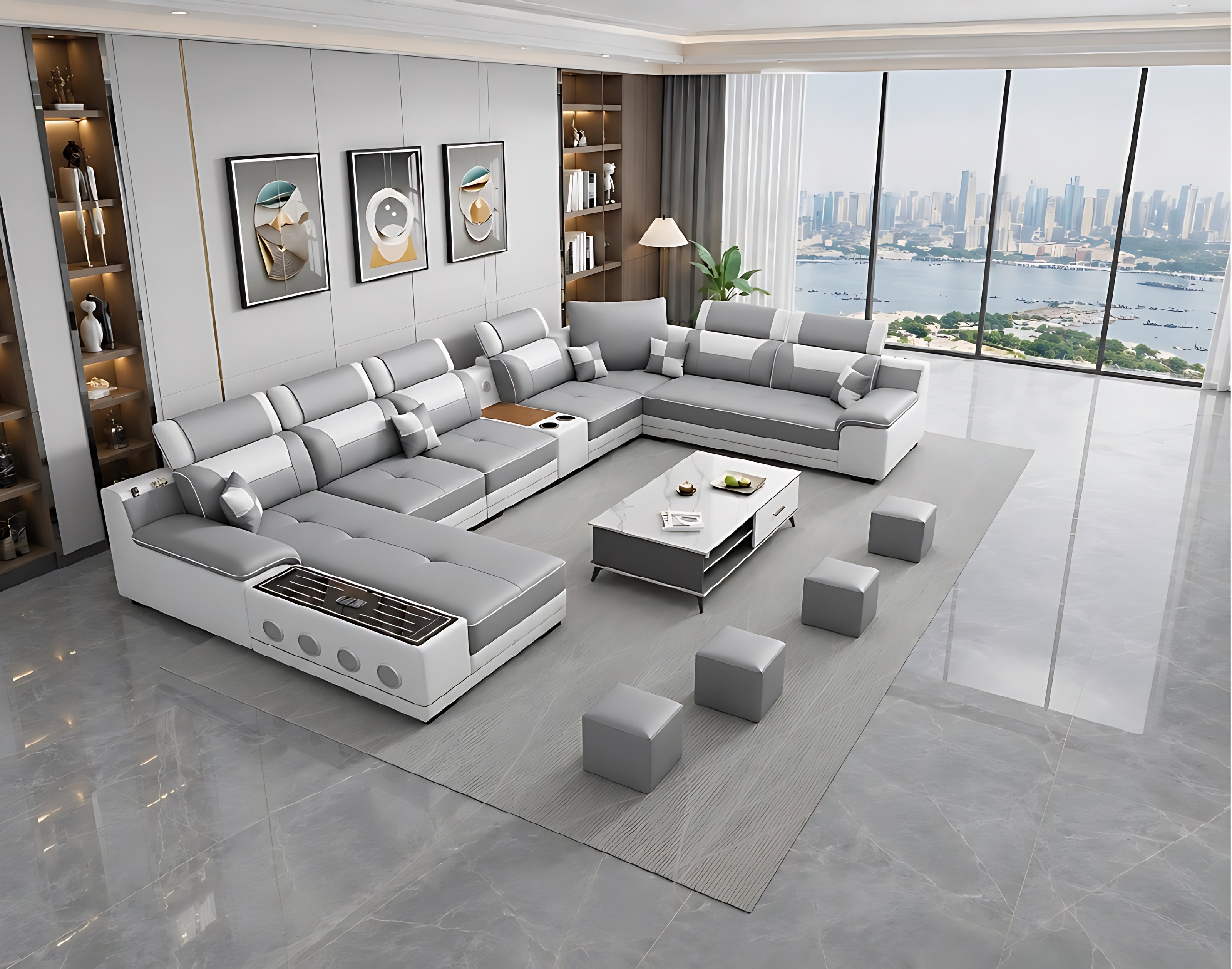 Multifunctional U-Shaped Leather Sectional Sofa