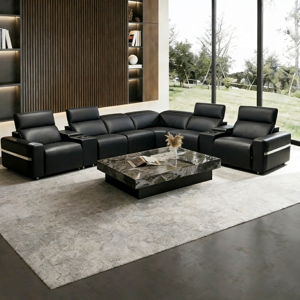 Power Reclining Leather Sectional Sofa With LED / Ruchi