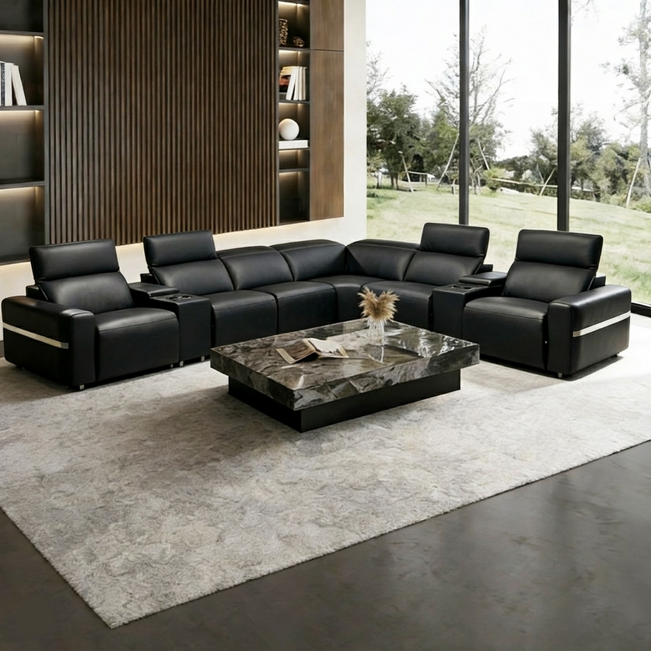 Power Reclining Leather Sectional Sofa With LED / Ruchi