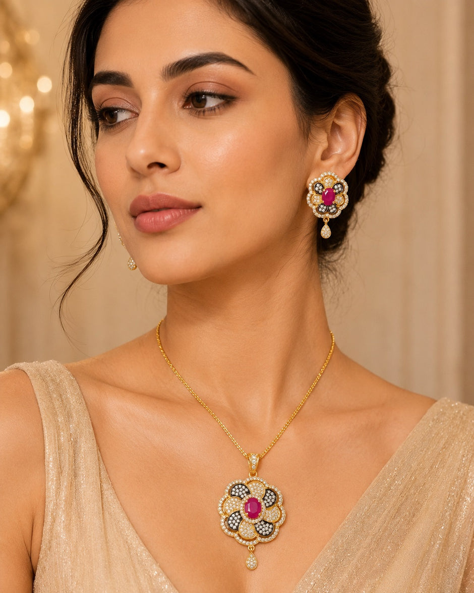 Vibrant American Diamond Floral Earrings And Necklace Set / Ruchi