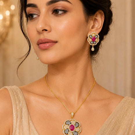 Vibrant American Diamond Floral Earrings And Necklace Set / Ruchi