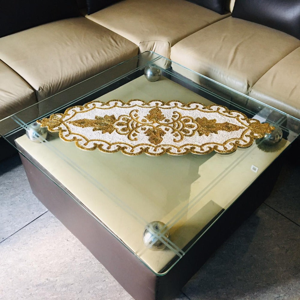 Gold White Scalloped Beaded Runner / Ruchi