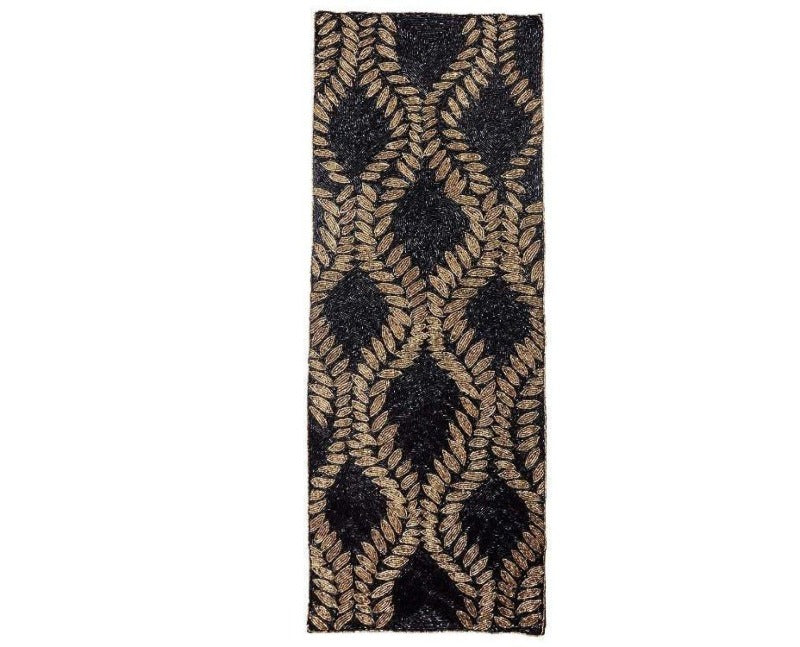 Intricately Crafted Gold And Black Beaded Table Runner / Ruchi