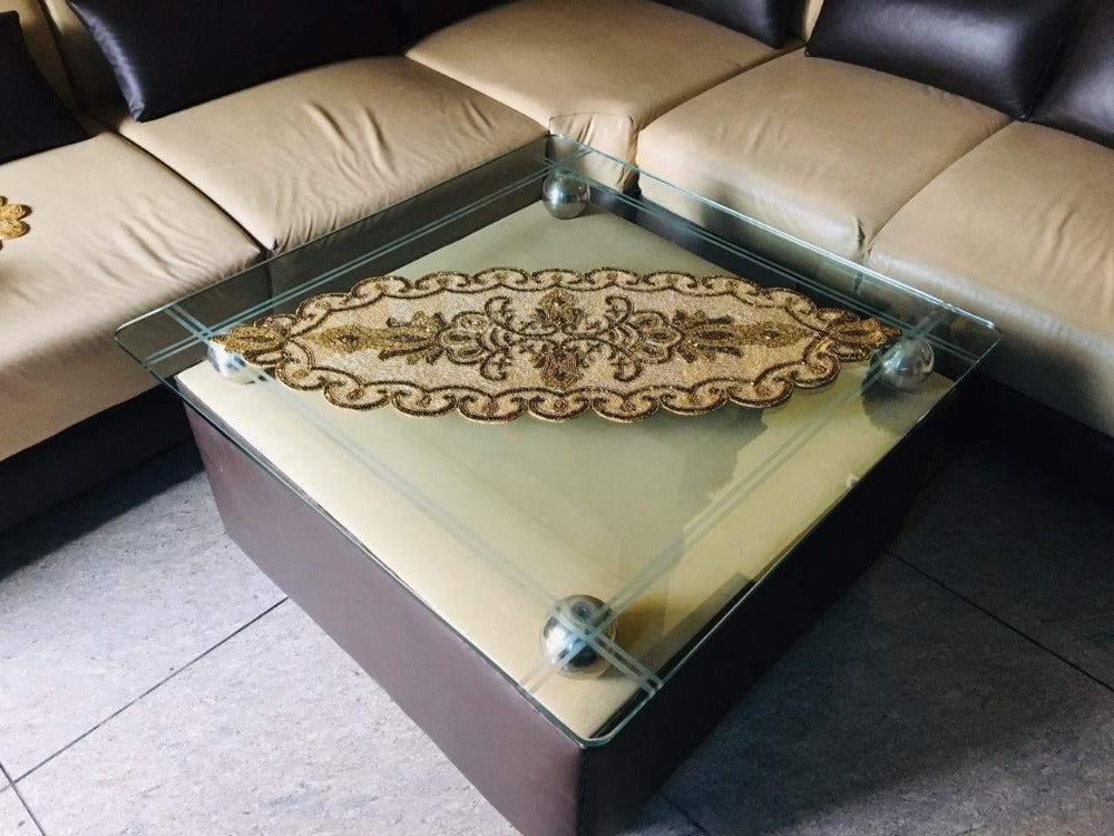 Gold Beige Beaded Oval Runner / Ruchi