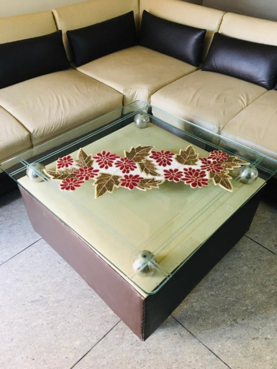 Leaf Floral Embroidered Beaded Runner/ Ruchi