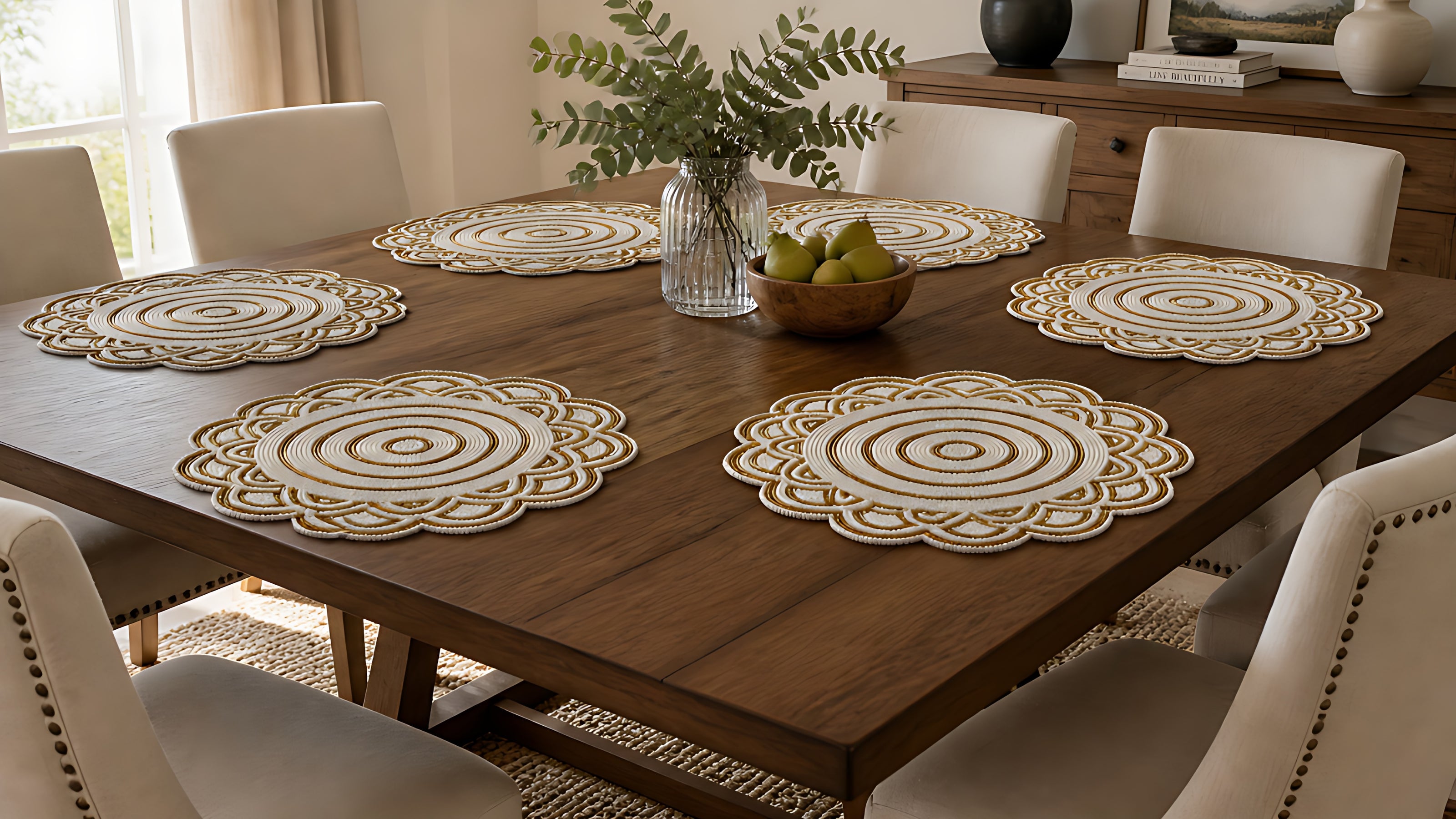 White & Gold Beaded Mandala Placemat Set of 2 / Ruchi