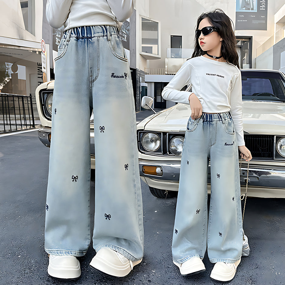 Wide-Leg Design Embroidered Denim Jeans For Girls / Ruchi