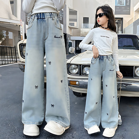 Wide-Leg Design Embroidered Denim Jeans For Girls / Ruchi