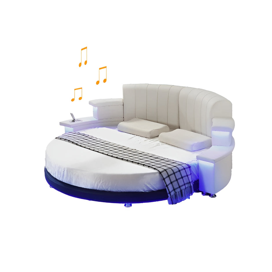 Multifunctional Leather Round Bed With LED Lights