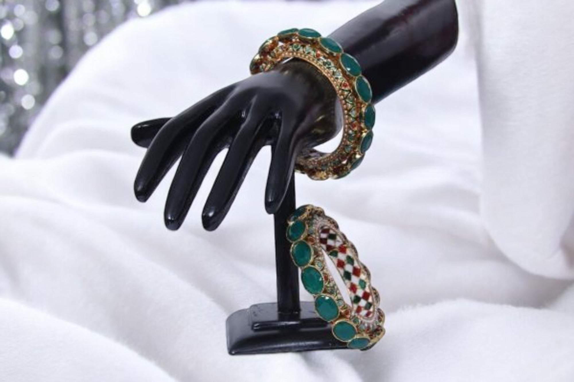 Set Of 2 Ruby Stone With Green Stone Diamond Accent Bangles / Ruchi