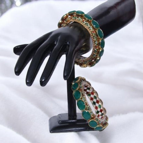 Set Of 2 Ruby Stone With Green Stone Diamond Accent Bangles / Ruchi