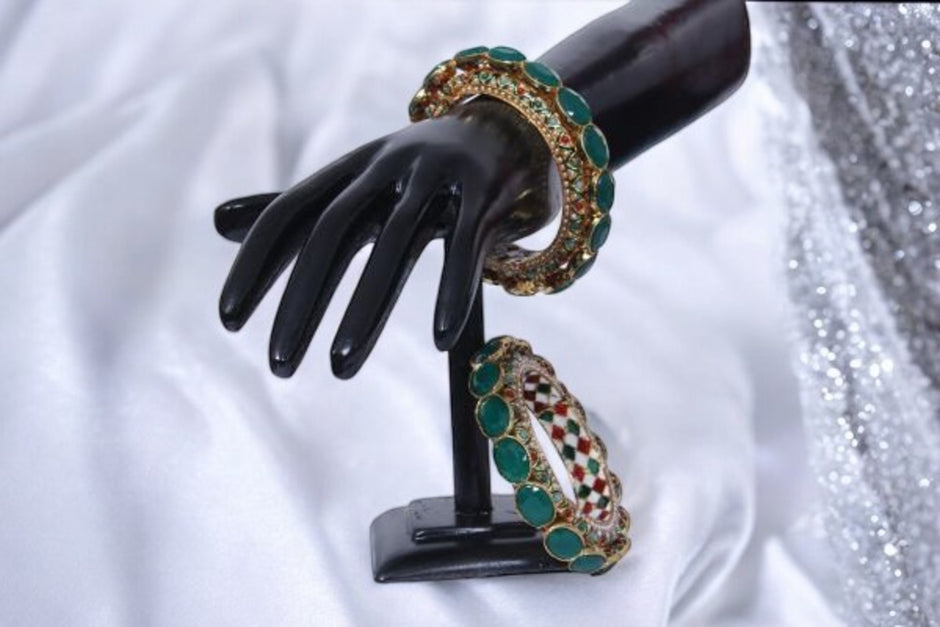 Set Of 2 Ruby Stone With Green Stone Diamond Accent Bangles / Ruchi