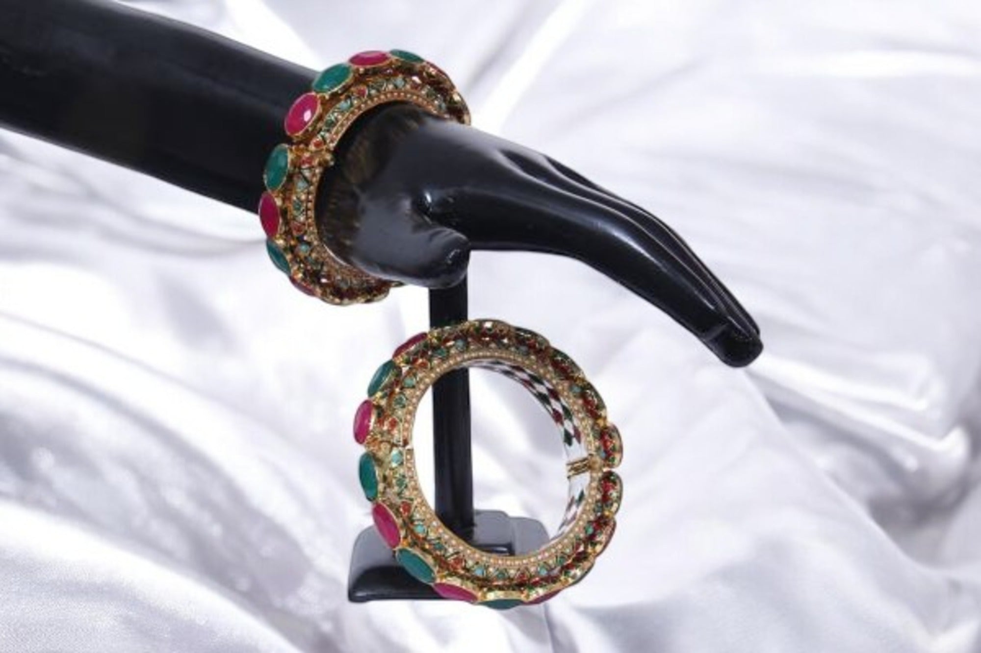 Set Of 2 Ruby Stone With Green Stone Diamond Accent Bangles / Ruchi