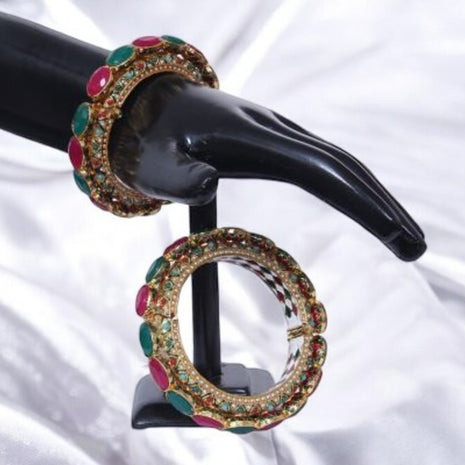 Set Of 2 Ruby Stone With Green Stone Diamond Accent Bangles / Ruchi