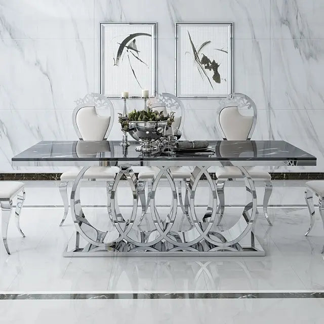 Chrome Circular Base Design Marble Top Dining Table Set With 6 Chairs / Ruchi