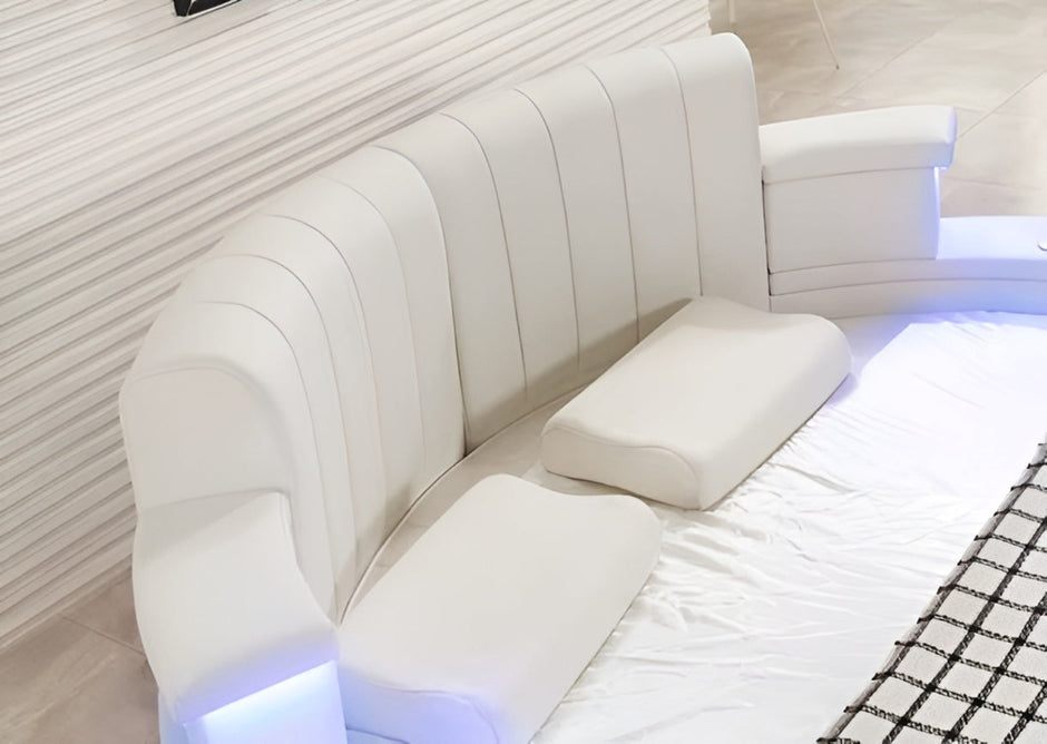 Multifunctional Leather Round Bed With LED Lights