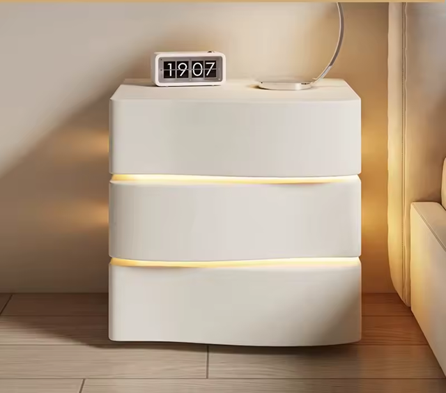Solid Wooden Leather Bedside Table With LED / Ruchi