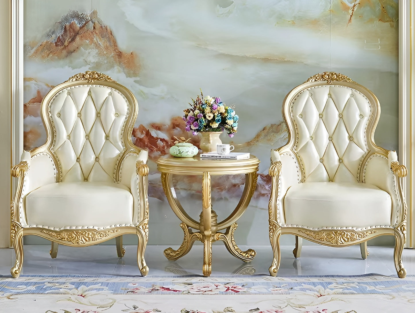 European Leather Sofa Chair And Side Table Set / Ruchi