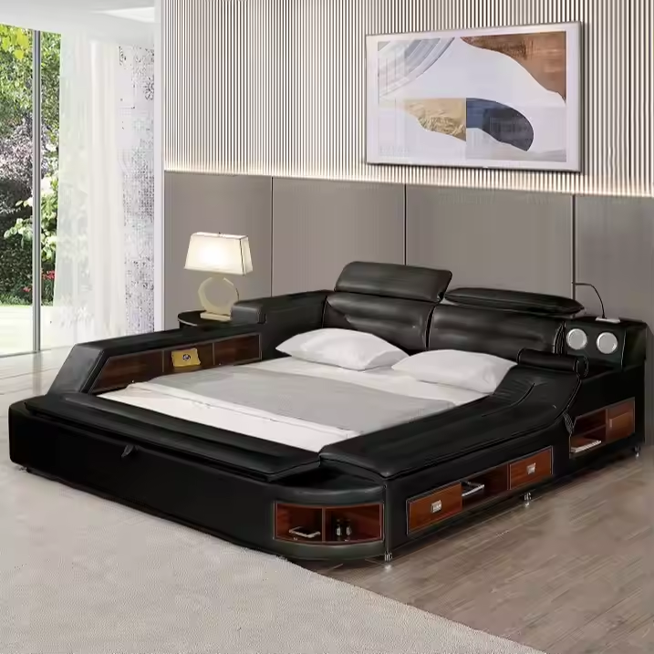 Genuine-Leather Black Queen Smart Bed / Ruchi