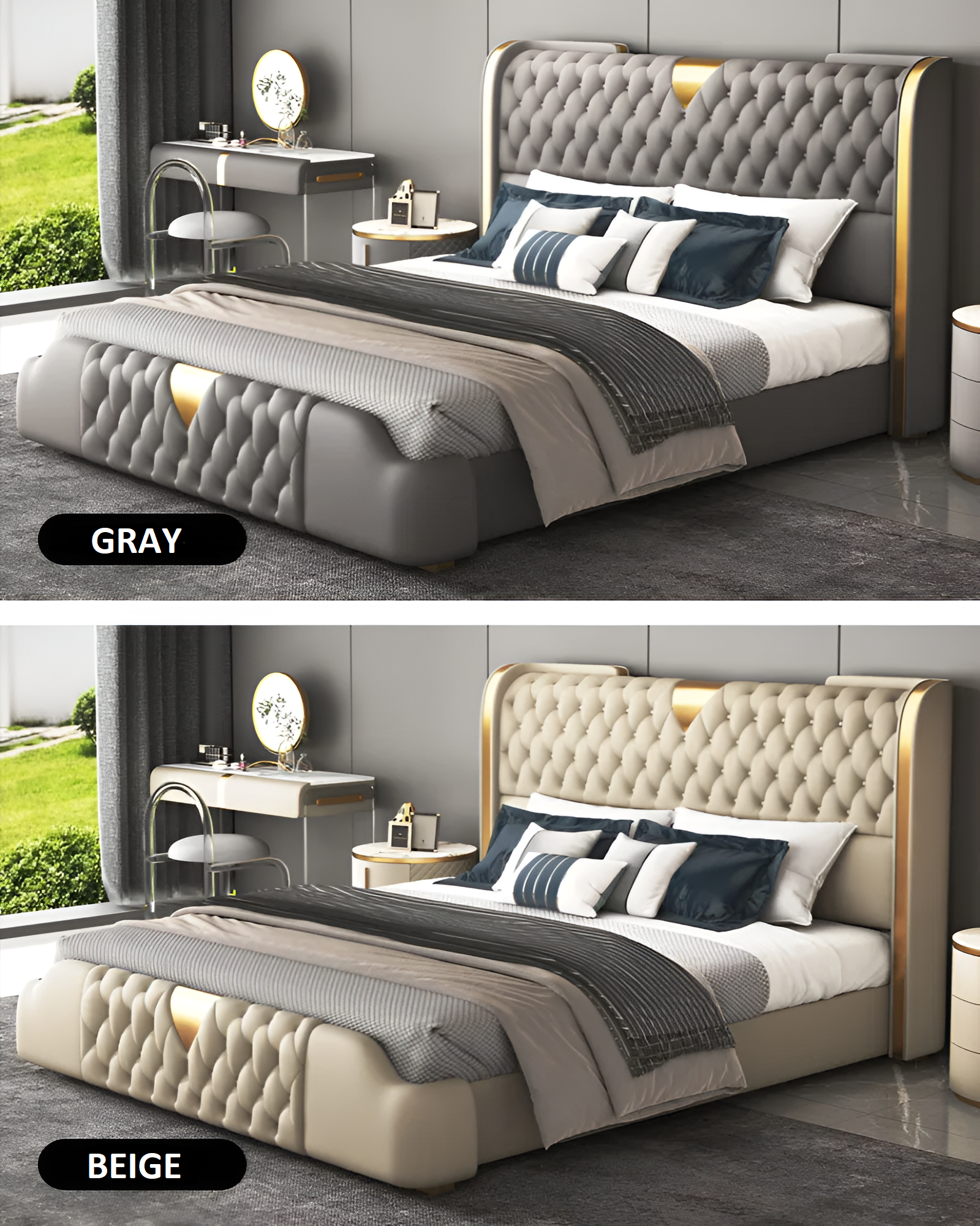 Modern Button Tufted Leather Bed / Ruchi