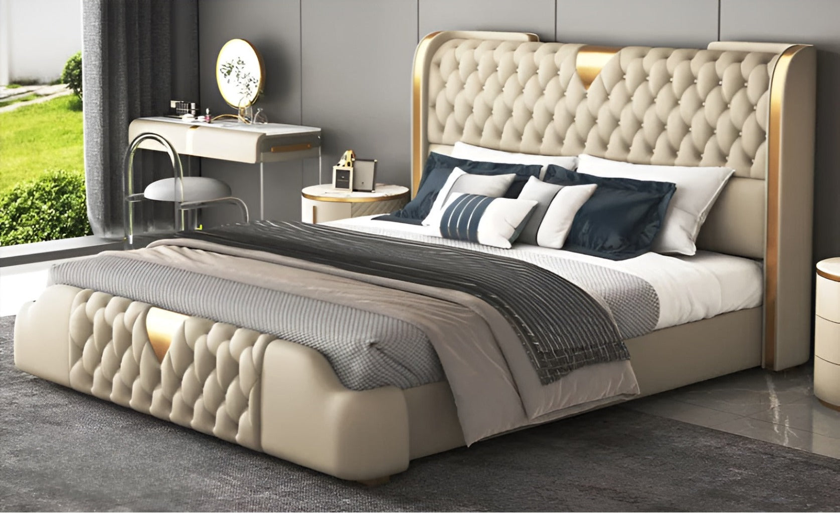 Modern Button Tufted Leather Bed