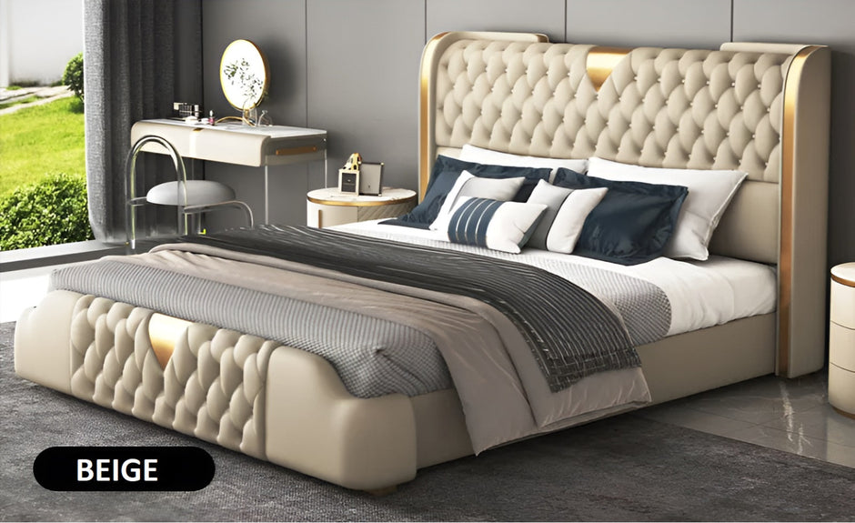 Modern Button Tufted Leather Bed / Ruchi