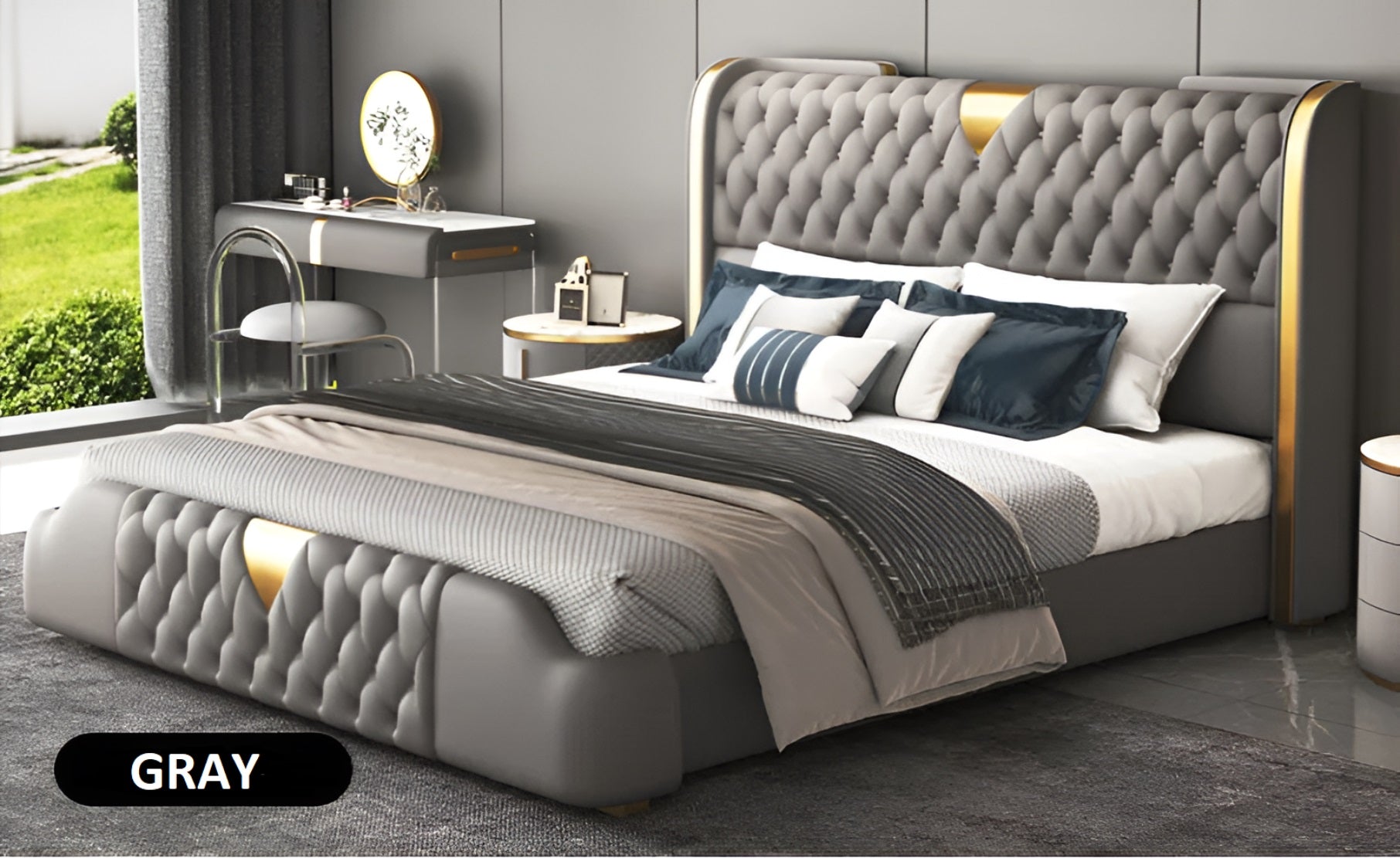 Modern Button Tufted Leather Bed / Ruchi