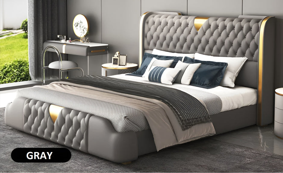 Modern Button Tufted Leather Bed / Ruchi
