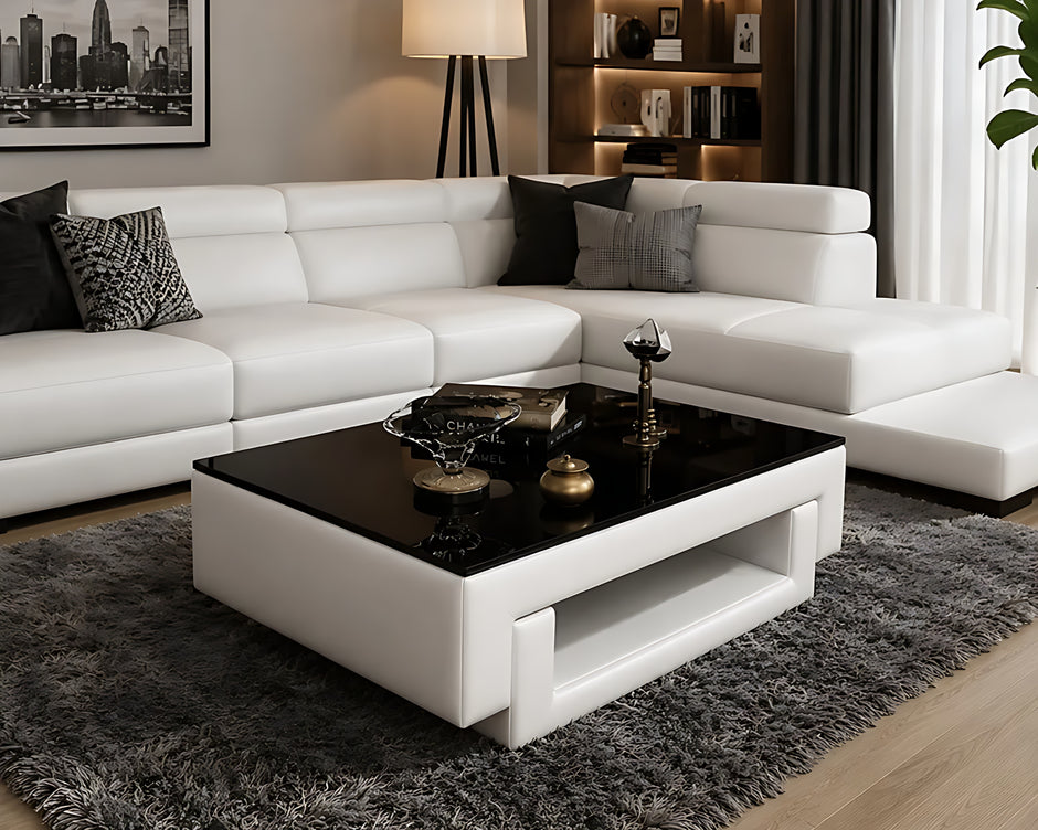 Black Glass Top Leather Coffee Table / Ruchi