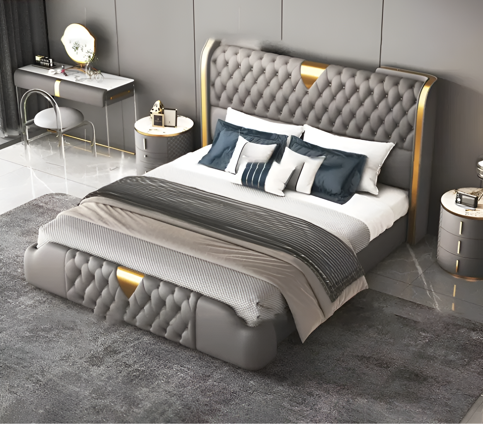 Modern Button Tufted Leather Bed / Ruchi