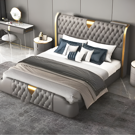 Modern Button Tufted Leather Bed / Ruchi
