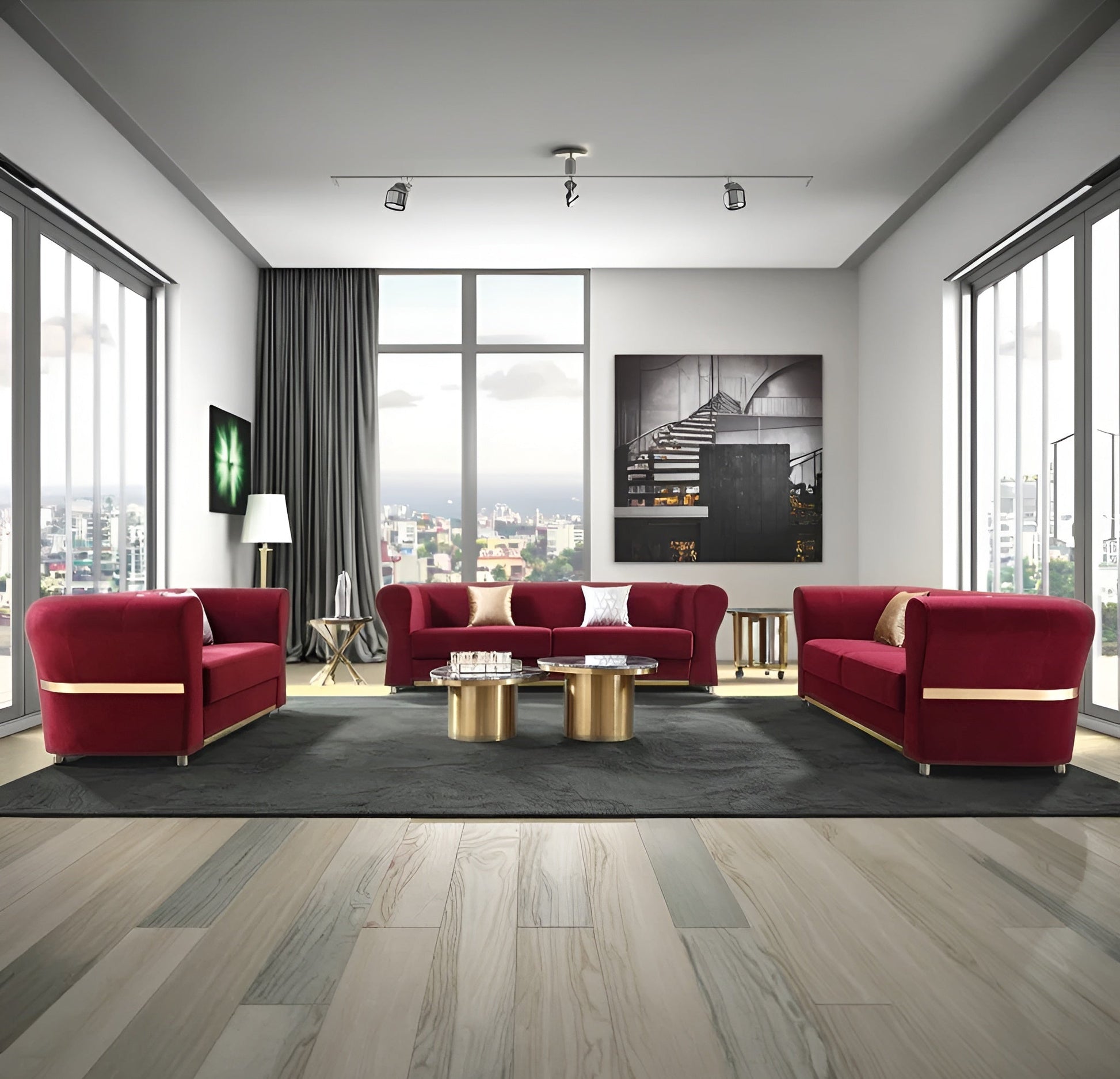 Minimalist Velvet Upholstered 3 Pcs Maroon Sofa Set / Ruchi