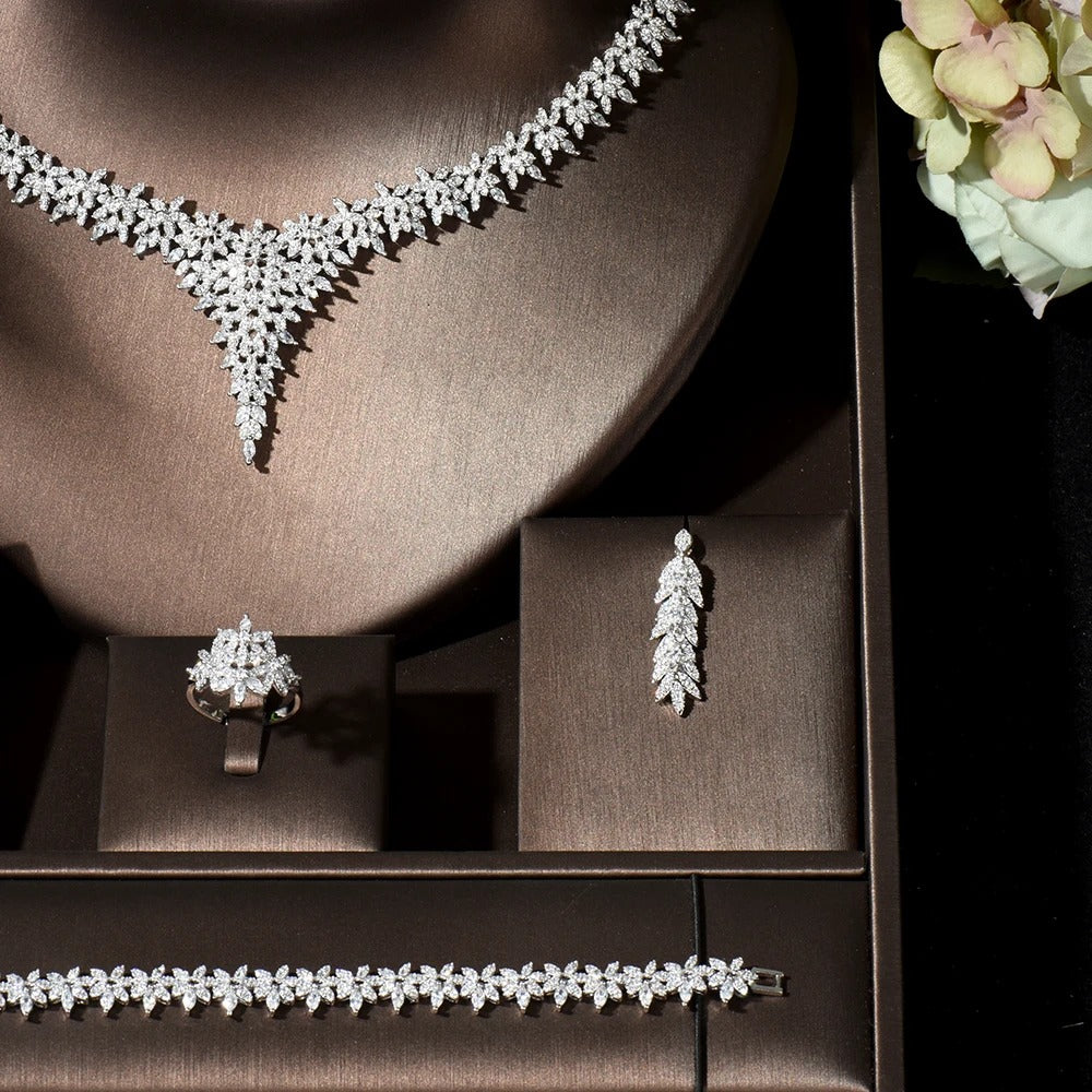 Elegant AAA Cubic Zircon Leaf Pattern Crystal Metal Golden Necklace Set / Ruchi