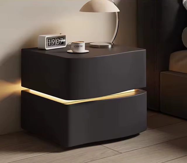 Solid Wooden Leather Bedside Table With LED / Ruchi