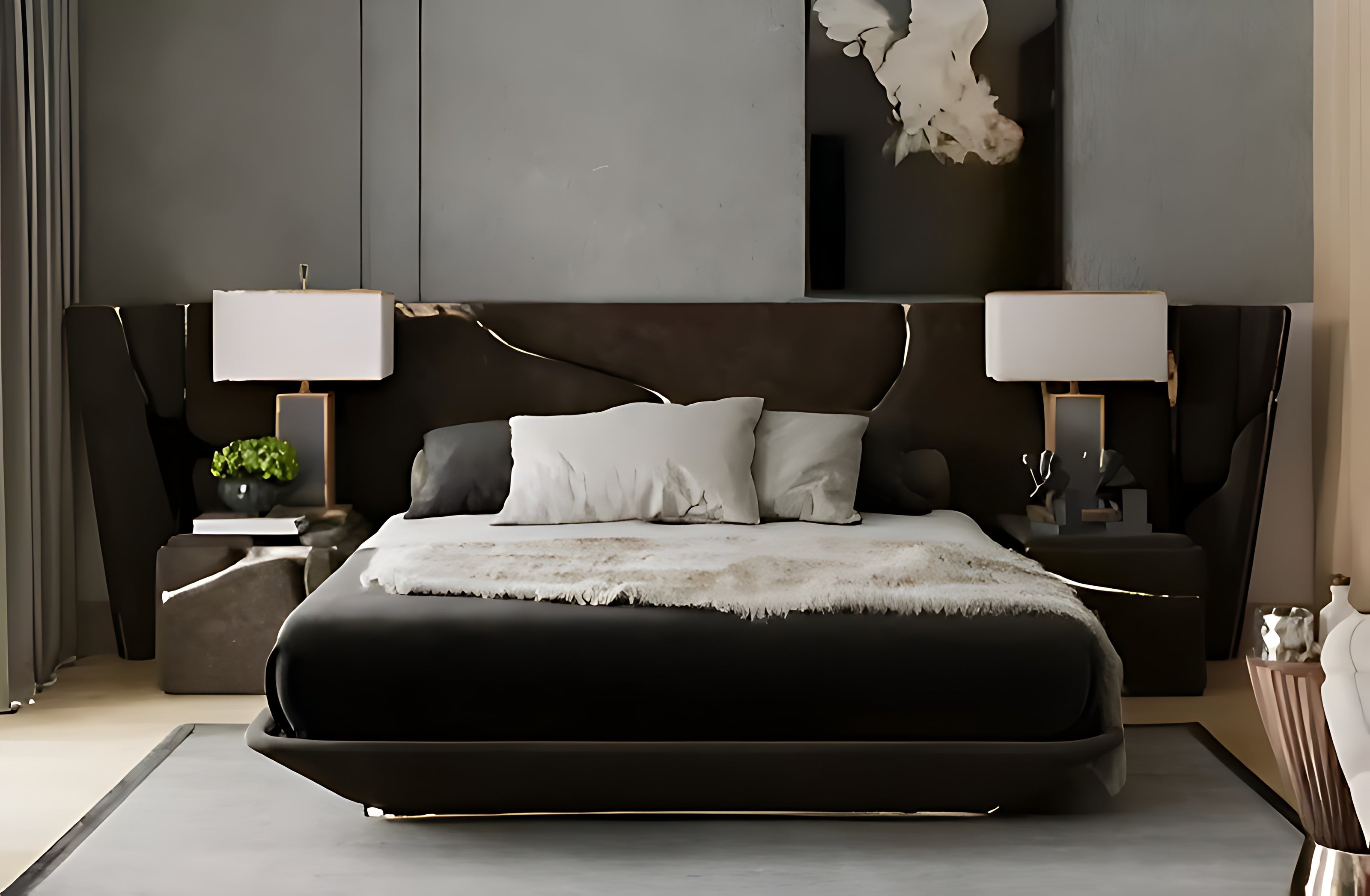 Golden Metallic Veins Design Velvet Bed
