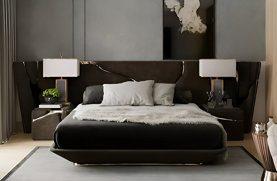 Golden Metallic Veins Design Velvet Bed