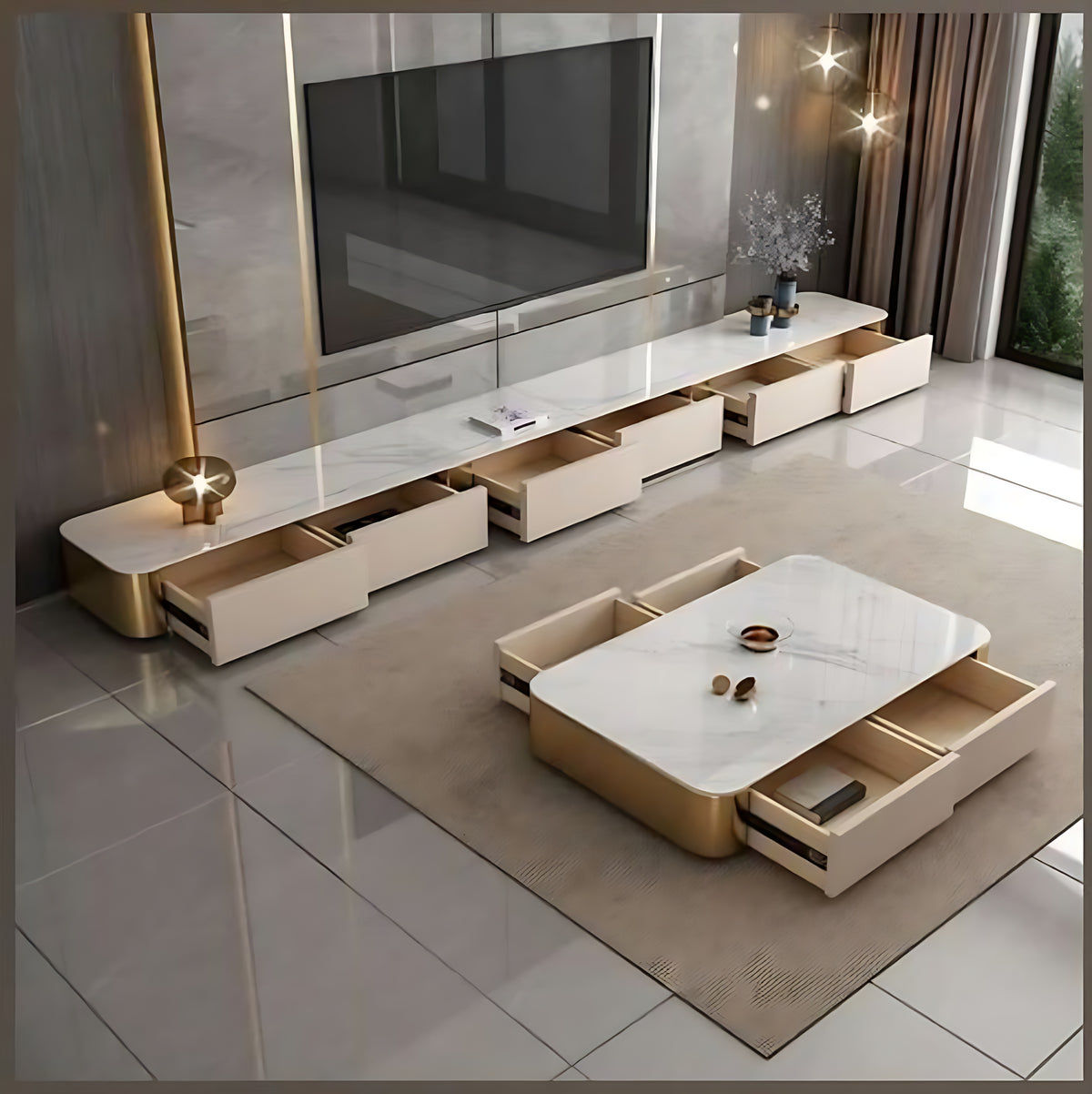 Marble Top Wooden Coffee Table And TV Stand / Ruchi