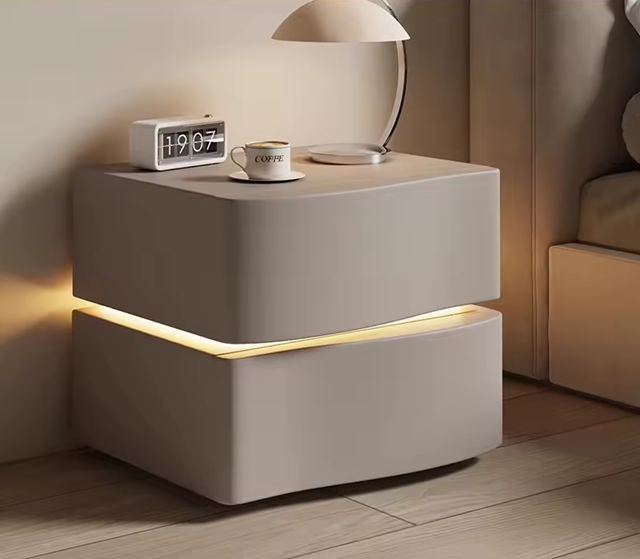Solid Wooden Leather Bedside Table With LED / Ruchi