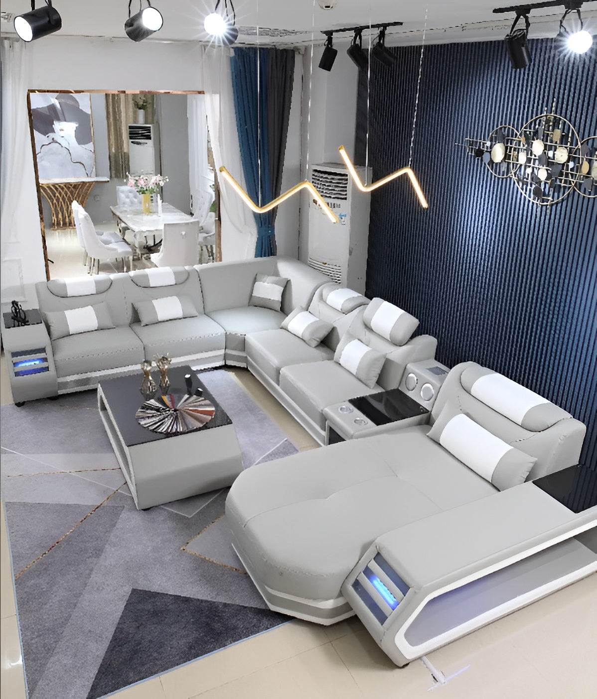 U-Shaped LED Leather Sectional Sofa With Chaise / Ruchi