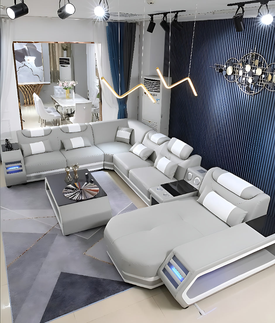 U-Shaped LED Leather Sectional Sofa With Chaise / Ruchi