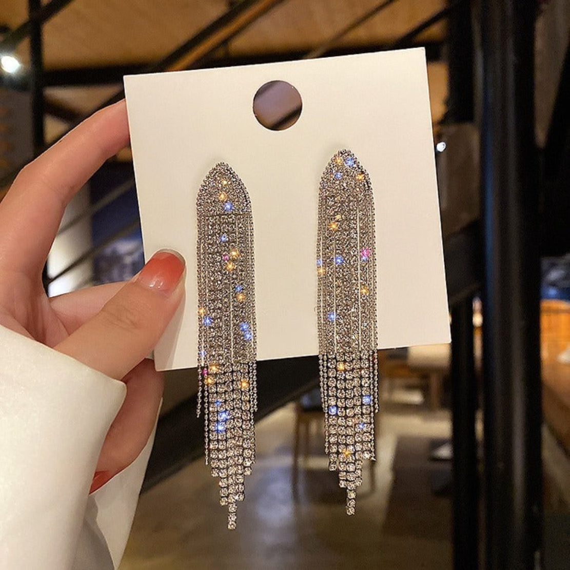 Long Tassel Waterdrop Rhinestone Metal Earrings / Ruchi