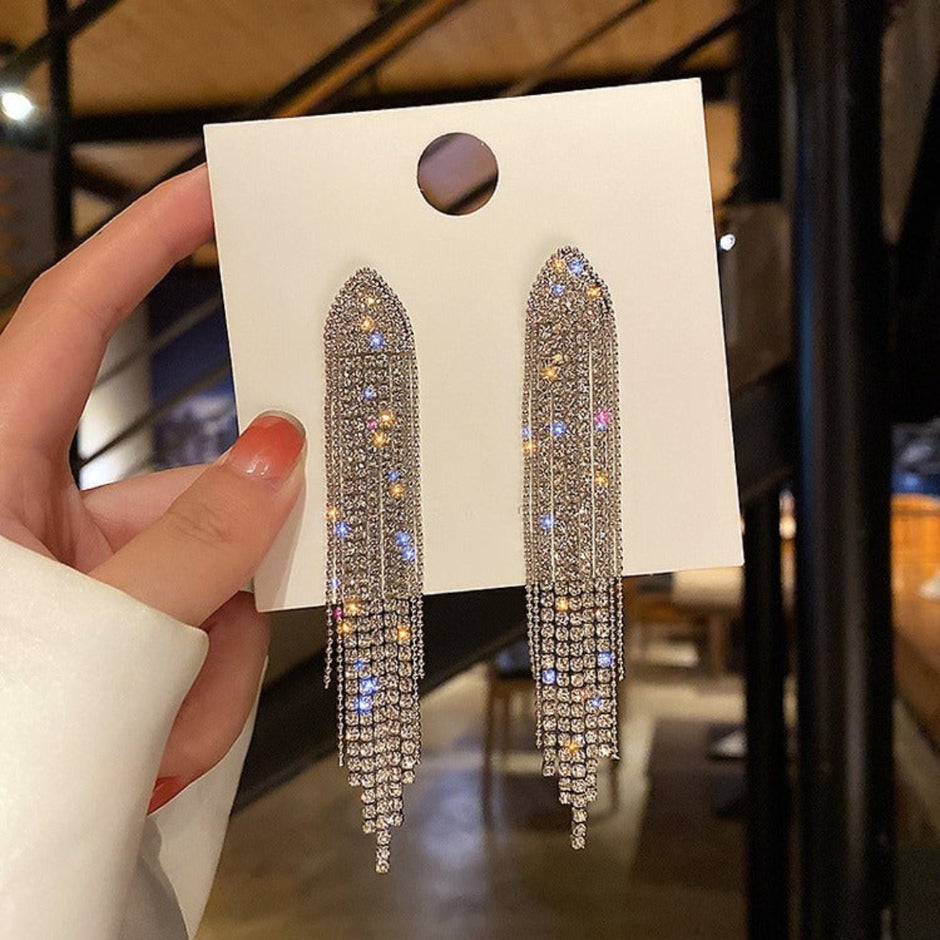 Long Tassel Waterdrop Rhinestone Metal Earrings / Ruchi