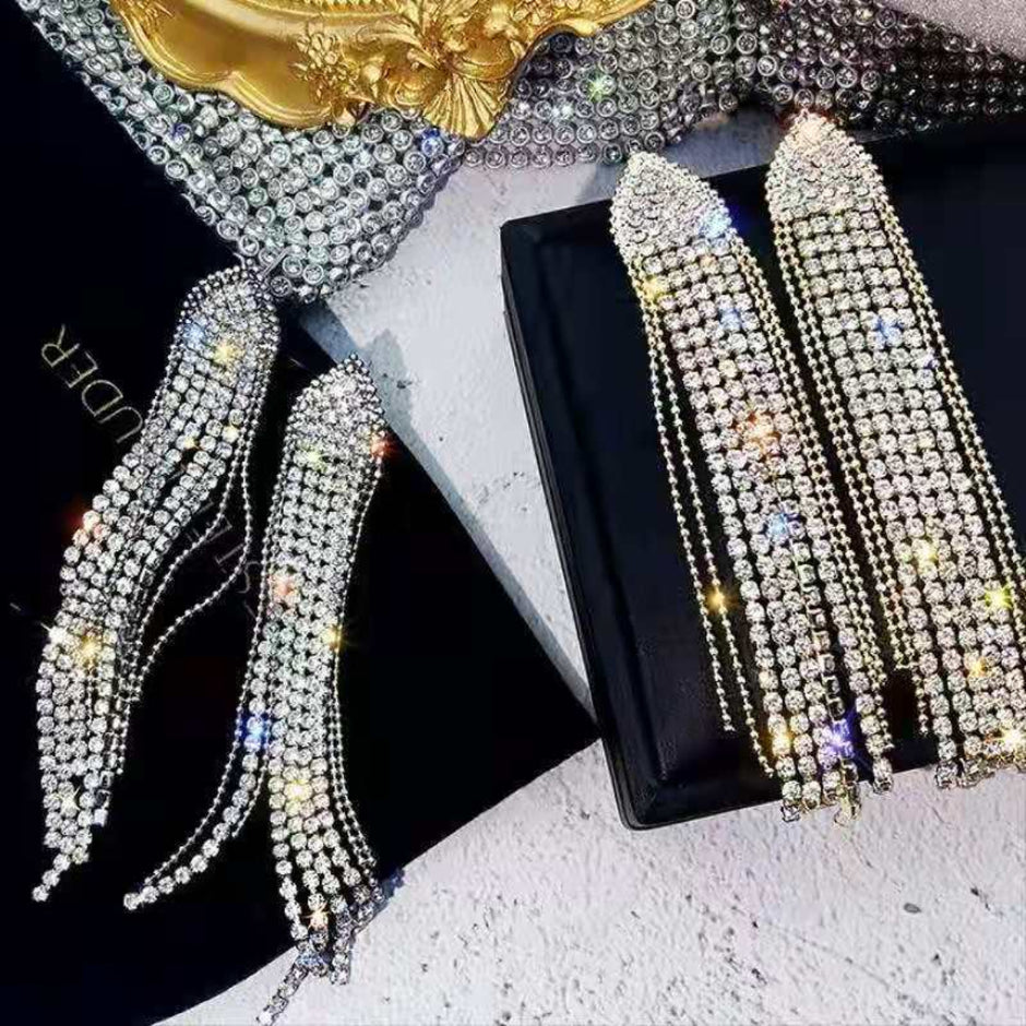 Long Tassel Waterdrop Rhinestone Metal Earrings / Ruchi
