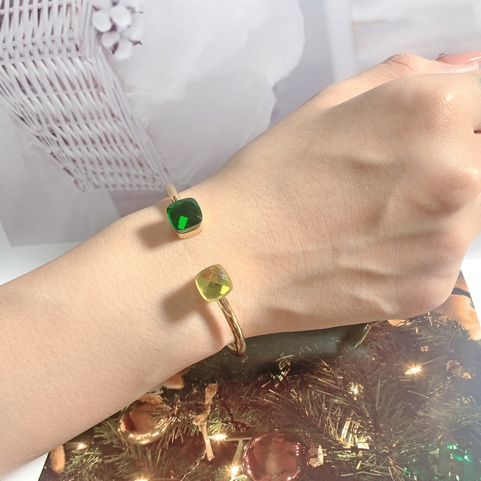 Elegant Inlay Square Crystal Metal Open Cuff Bangle / Ruchi