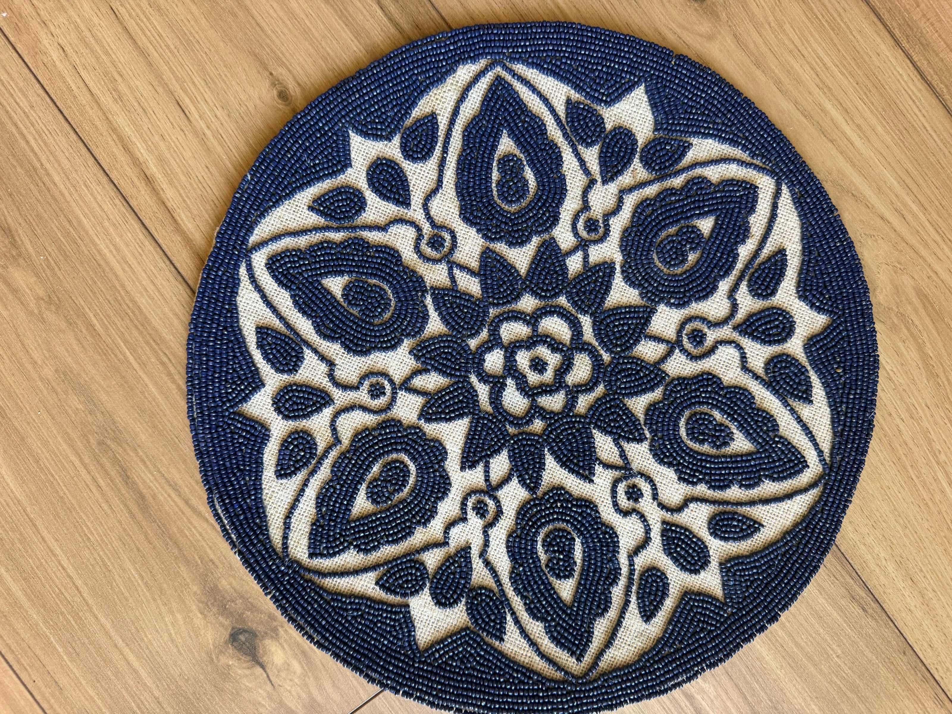 Set of 2 Navy Blue & Beige Floral Beaded Round Placemat / Ruchi