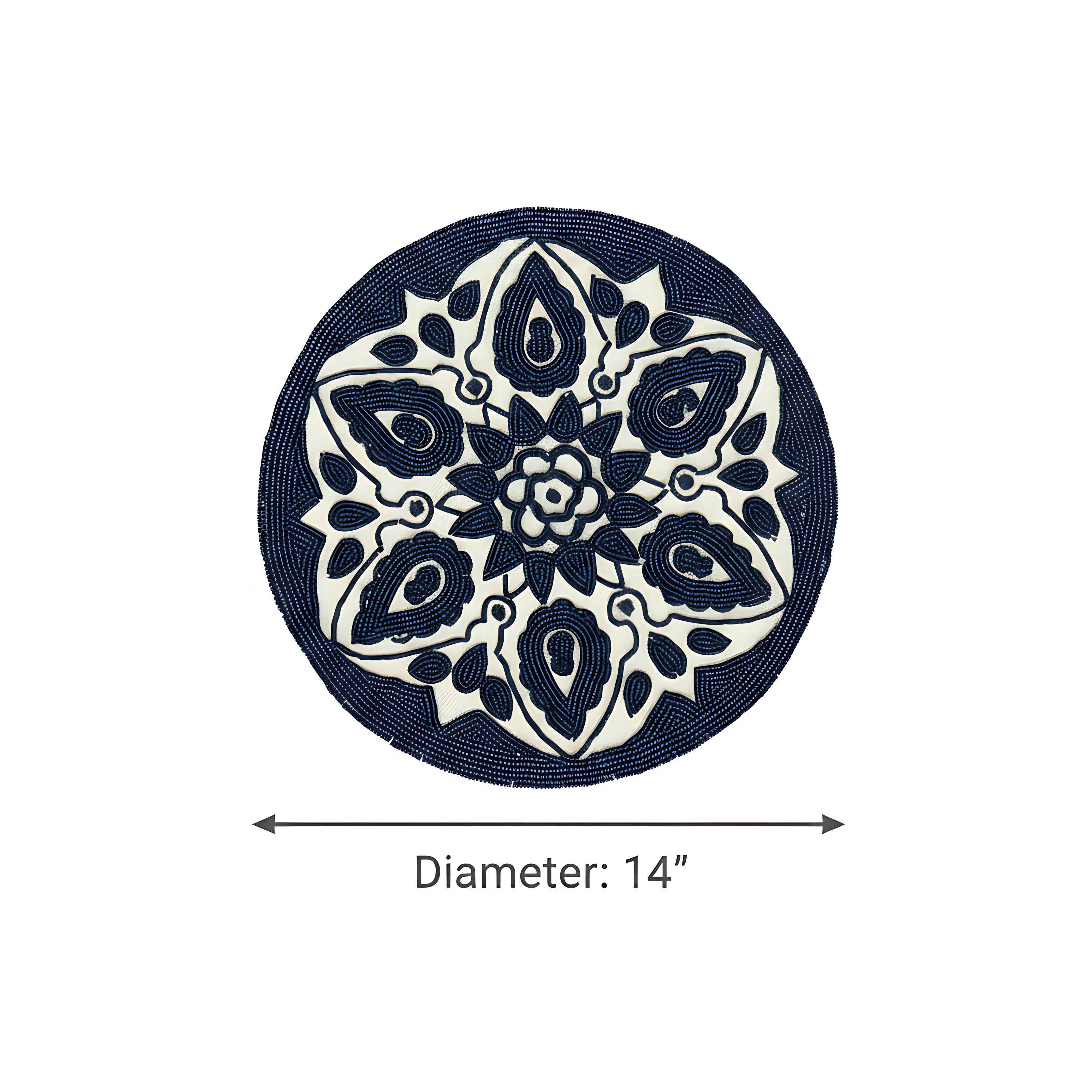 Set of 2 Navy Blue & Beige Floral Beaded Round Placemat / Ruchi