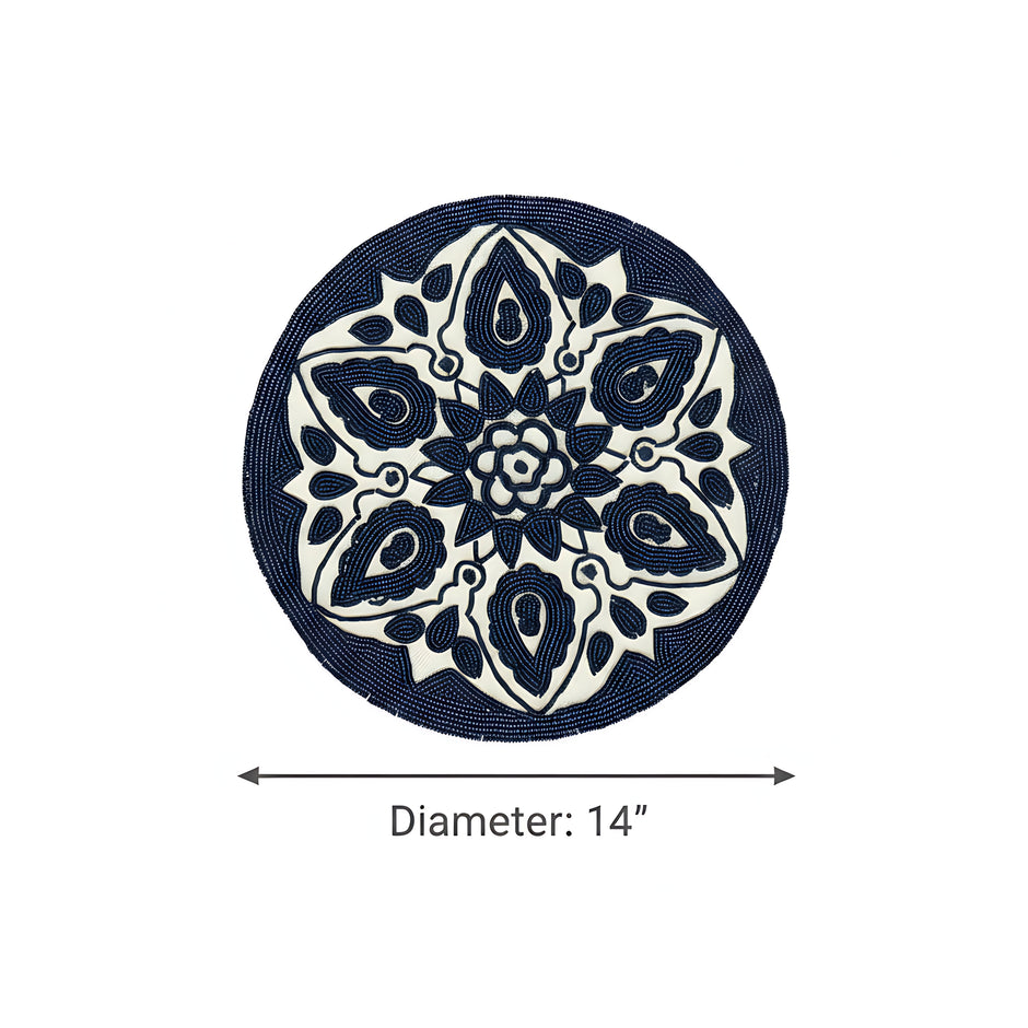 Set of 2 Navy Blue & Beige Floral Beaded Round Placemat / Ruchi