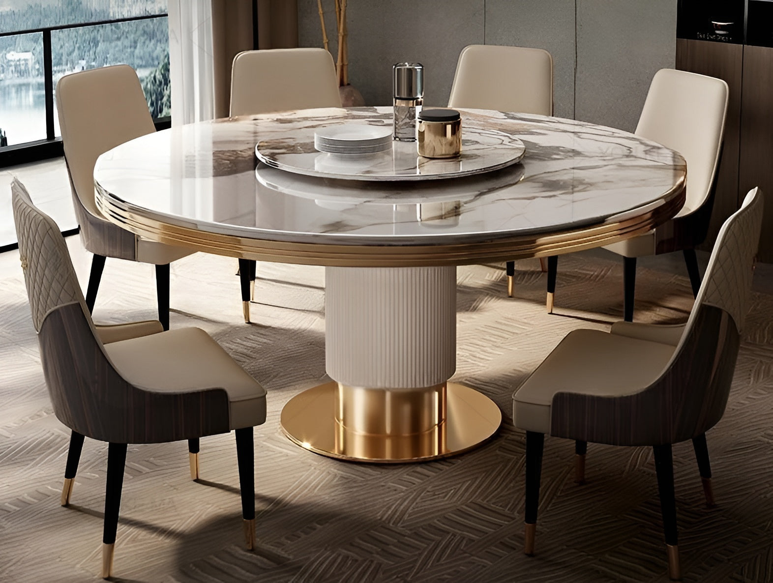 Sleek Marble Top Round Dining Table Set / Ruchi 
